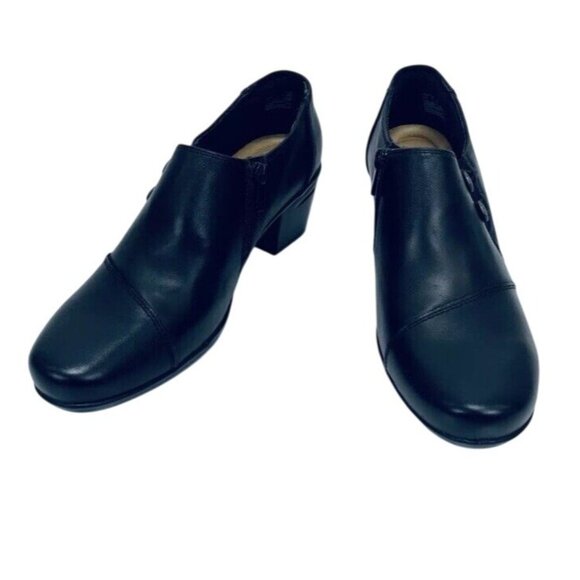 Clarks Emslie Warren Ortholite Ankle Bootie Black Leather Block Heel Pumps Sz 11 - Picture 3 of 11